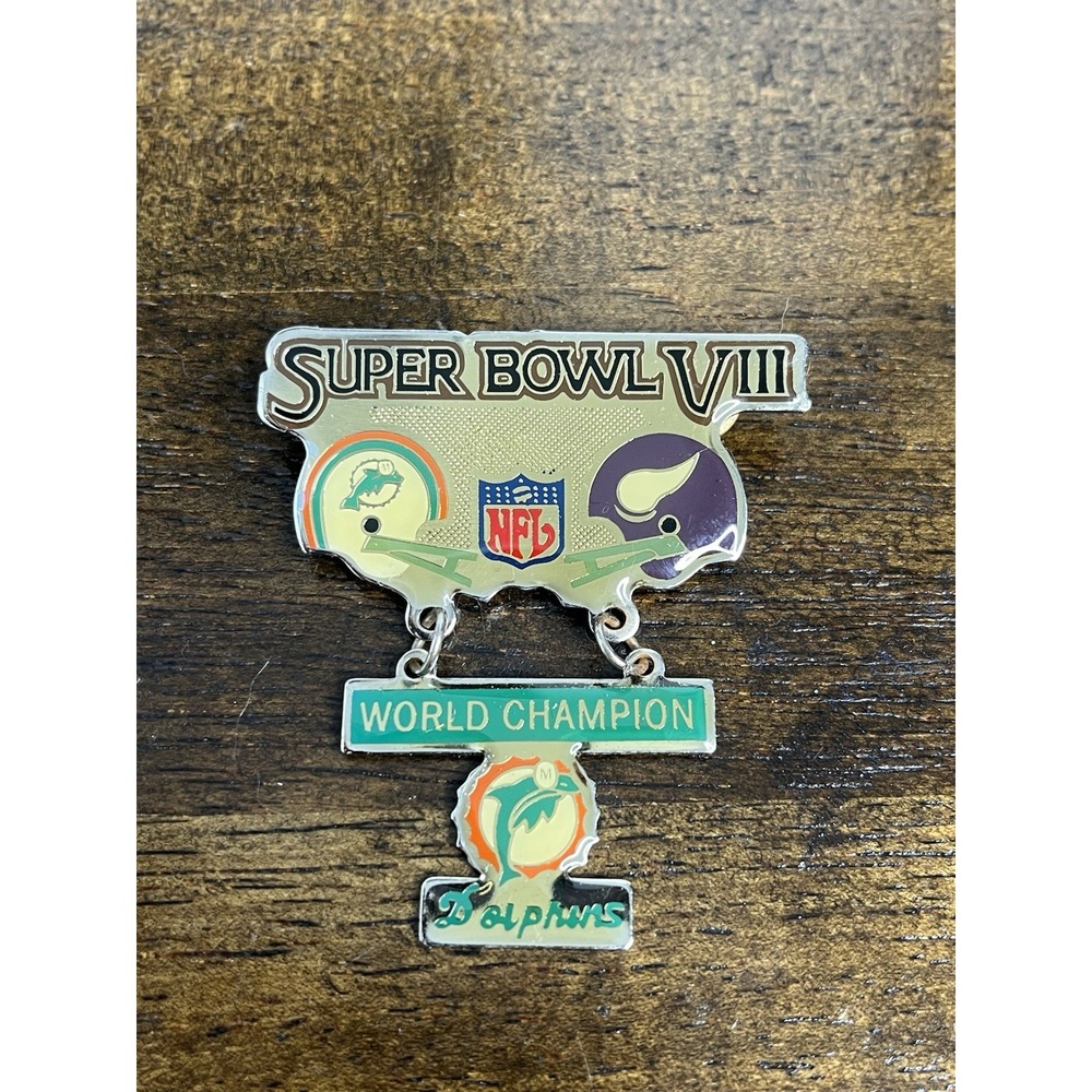 Vintage 1974 Super Bowl VIII Pin Miami Dolphins Champion Vs Vikings
